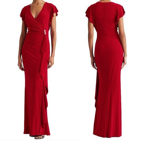 Lauren Ralph Lauren Flutter Sleeve Ruffle Stretch Maxi Column Gown - Picture 1 of 8